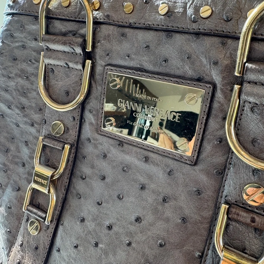 Versace Ostrich Handbag - Silver Grey with Champagne Hardware - Picture 3 of 17